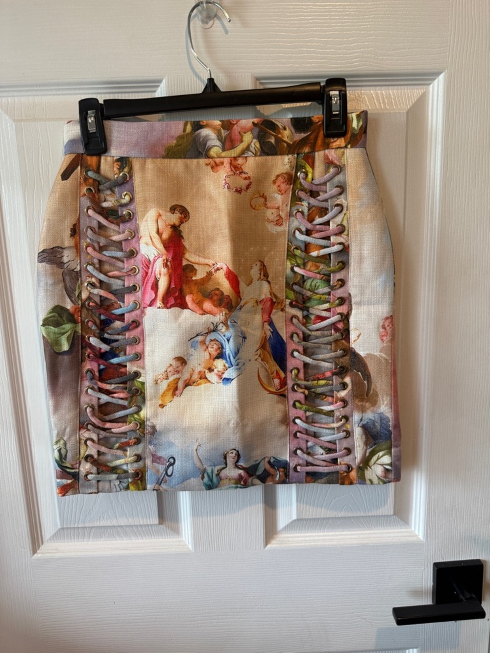 Beautiful Print Faux Lace-Up Mini Skirt in Pastel Multi colors gold zip up